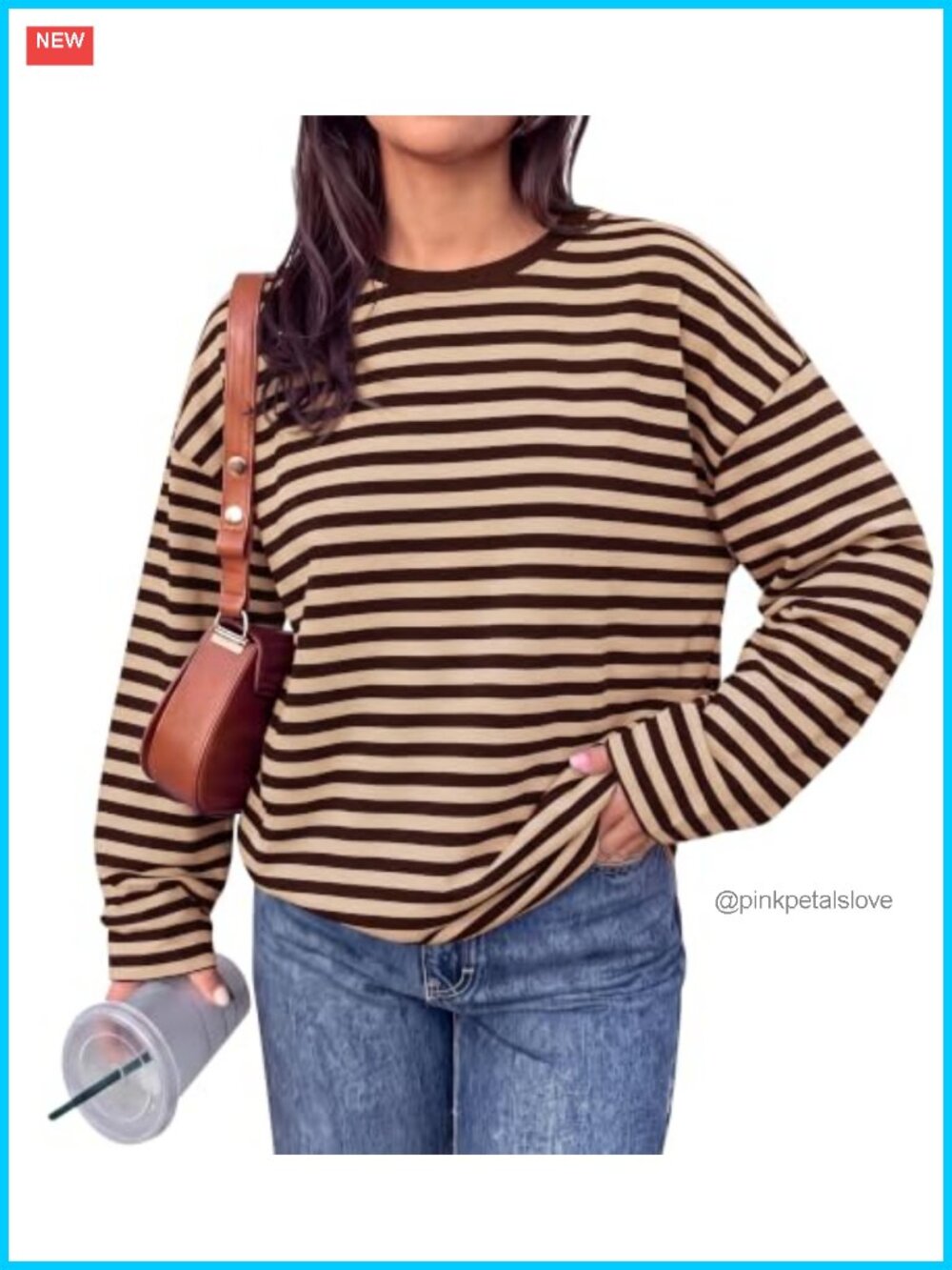 Oversized Striped Long Sleeve Crew Neck Drop Shoulder T-Shirt Top